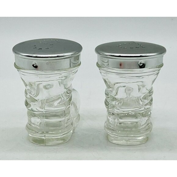 Vintage Clear Glass Boots Shoes Salt Pepper Shaker Set Santa Silver Tops 2 inch - Picture 3 of 8